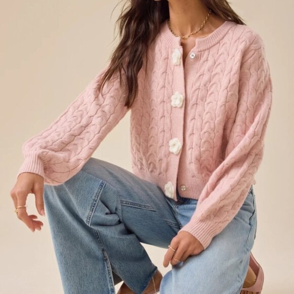 Altar'd State Pink Cable Knit Flower Button Cardigan CC2223-R L/XL